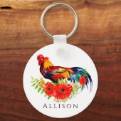 Rooster met bloemen gepersonaliseerd sleutelhanger (Voorkant)