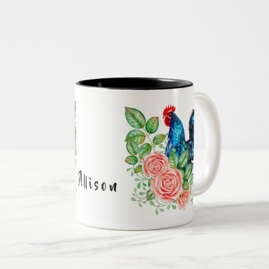 Rooster met bloemen gepersonaliseerd tweekleurige koffiemok (Voorkant rechts)