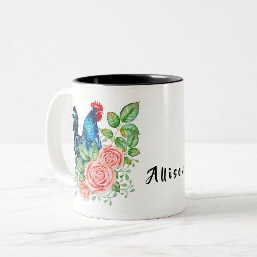 Rooster met bloemen gepersonaliseerd tweekleurige koffiemok (Voorkant links)
