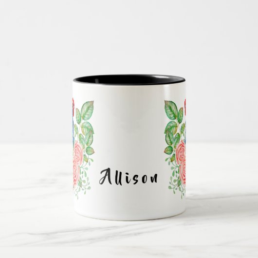 Rooster met bloemen gepersonaliseerd tweekleurige koffiemok (Center)