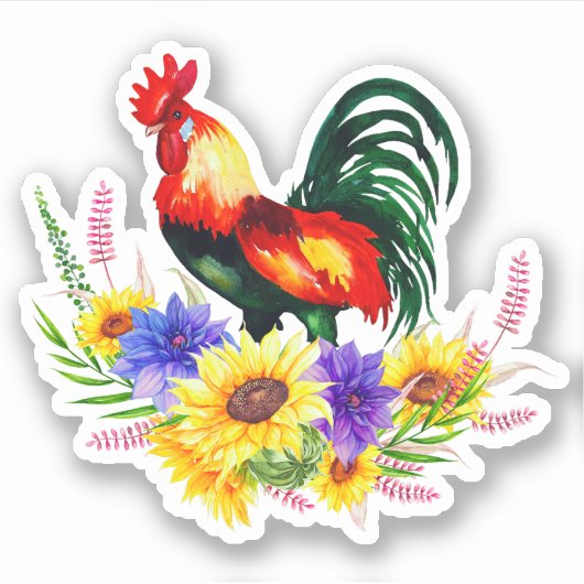 Rooster met bloemen sticker (Voorkant)