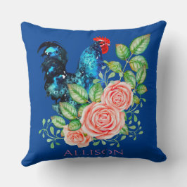 Rooster met Flowers Blue Kussen