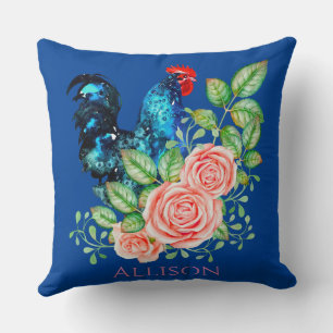 Rooster met Flowers Blue Kussen