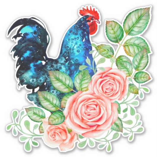 Rooster met Flowers Custom-Cut Vinyl Sticker (Voorkant)