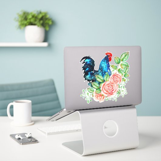 Rooster met Flowers Custom-Cut Vinyl Sticker (Laptop op bureau)