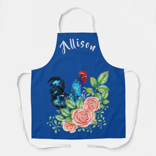 Rooster met Flowers Gepersonaliseerd Blauw Schort (Voorkant)