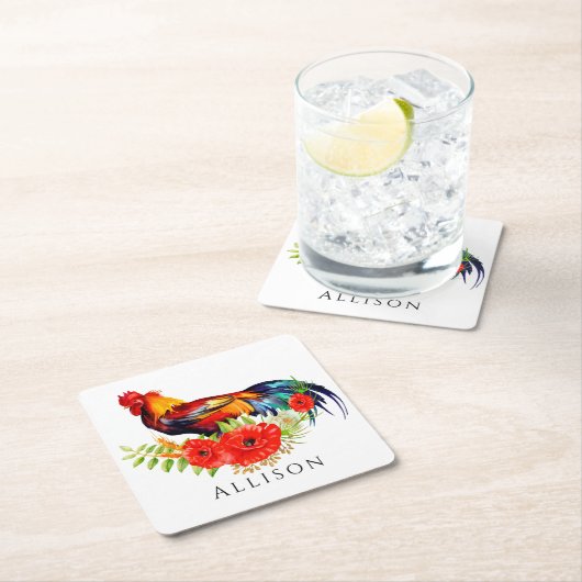 Rooster met Flowers Personalized Square Paper Coa Kartonnen Onderzetters (Insitu)