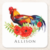 Rooster met Flowers Personalized Square Paper Coa Kartonnen Onderzetters (Voorkant)
