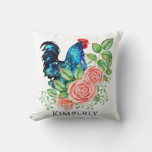 Rooster met Flowers Waterverf Art Sierkussen