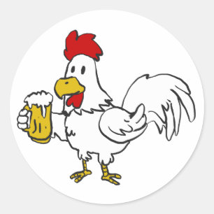 Rooster met mok bier   achtergrondkleur kiezen ronde sticker