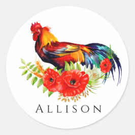 Rooster met papavers op maat ronde sticker