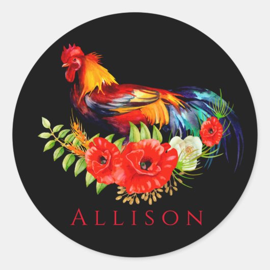 Rooster met Poppies Black Red op maat Ronde Sticker (Voorkant)