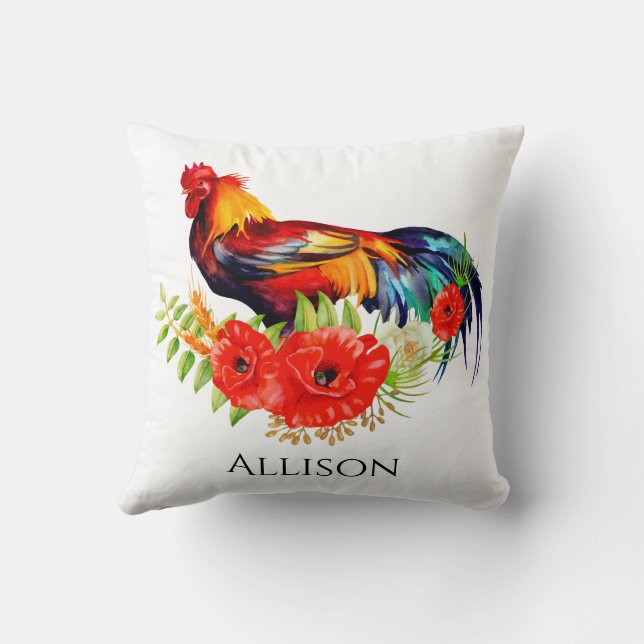 Rooster met Poppies Farmhouse Sierkussen (Achterkant)