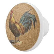 Rooster met rode blauwe gele poster op Faux Jute B