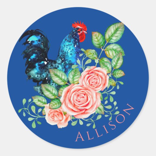 Rooster met Rozen op maat Ronde Sticker (Voorkant)