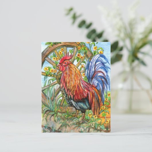 Rooster met wieltuin briefkaart (Staand voorkant)