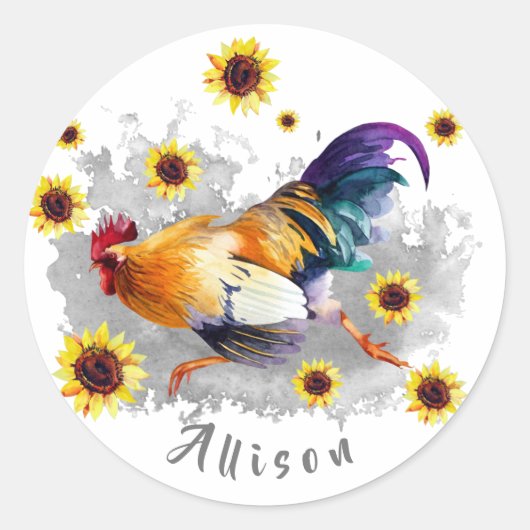 Rooster met zonnebloemen - Aangepaste Klassieke Ro Ronde Sticker (Voorkant)