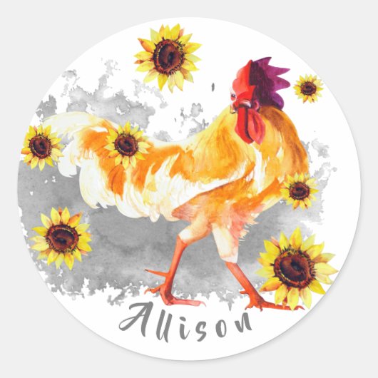 Rooster met zonnebloemen - Aangepaste Klassieke Ro Ronde Sticker (Voorkant)