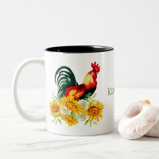 Rooster met zonnebloemen Aangepaste Waterverf Tw Tweekleurige Koffiemok (Met donut)