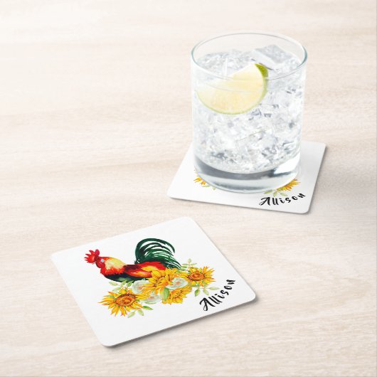 Rooster met zonnebloemen, gepersonaliseerd vierkan kartonnen onderzetters (Insitu)