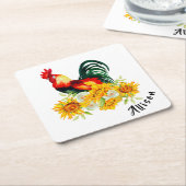 Rooster met zonnebloemen, gepersonaliseerd vierkan kartonnen onderzetters (Schuin)