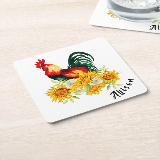 Rooster met zonnebloemen, gepersonaliseerd vierkan kartonnen onderzetters (Schuin)