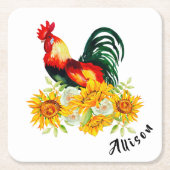 Rooster met zonnebloemen, gepersonaliseerd vierkan kartonnen onderzetters (Voorkant)