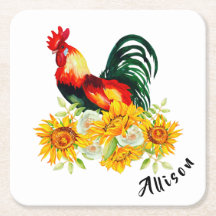 Rooster met zonnebloemen, gepersonaliseerd vierkan