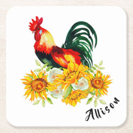 Rooster met zonnebloemen, gepersonaliseerd vierkan kartonnen onderzetters