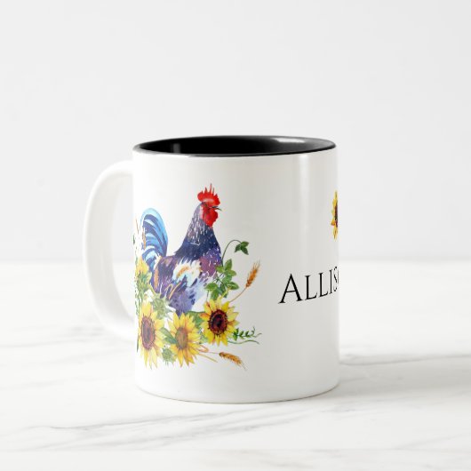 Rooster met zonnebloemen - Gepersonaliseerde Water Tweekleurige Koffiemok (Voorkant links)