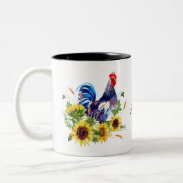 Rooster met zonnebloemen - Gepersonaliseerde Water Tweekleurige Koffiemok
