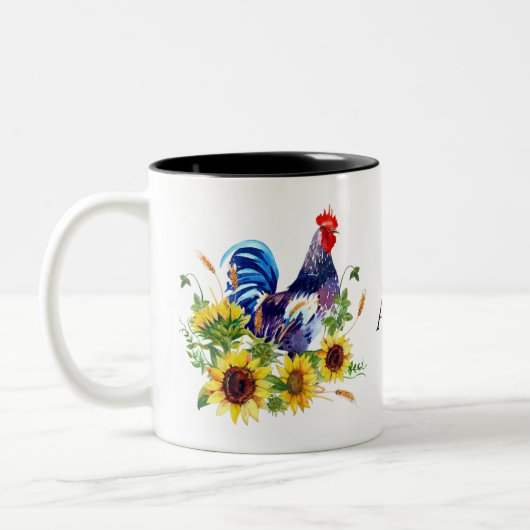 Rooster met zonnebloemen - Gepersonaliseerde Water Tweekleurige Koffiemok (Links)