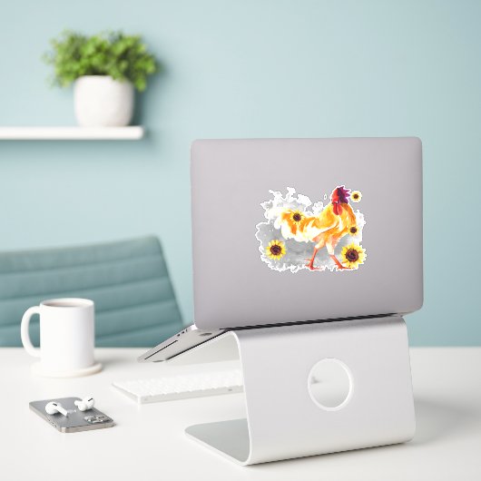 Rooster met zonnebloemen, op maat gesneden vinylSt Sticker (Laptop op bureau)
