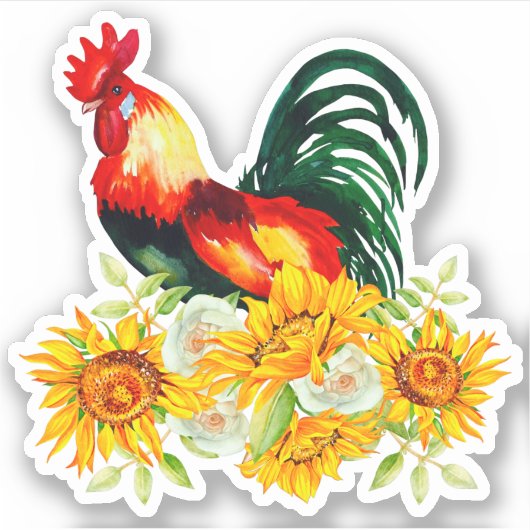 Rooster met zonnebloemen, op maat gesneden vinylSt Sticker (Voorkant)
