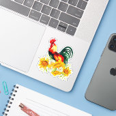 Rooster met zonnebloemen, op maat gesneden vinylSt Sticker (Laptop met iPhone)