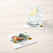 Rooster met zonnebloemen op maat kartonnen onderzetters (Insitu)