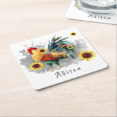 Rooster met zonnebloemen op maat kartonnen onderzetters (Schuin)