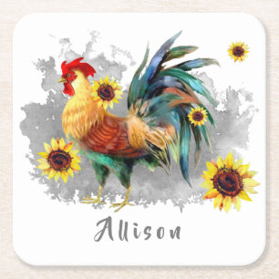 Rooster met zonnebloemen op maat kartonnen onderzetters