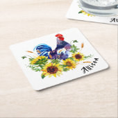 Rooster met zonnebloemen op maat kartonnen onderzetters (Schuin)