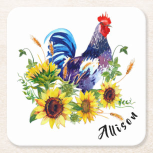 Rooster met zonnebloemen op maat kartonnen onderzetters