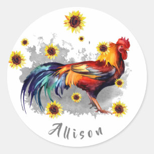 Rooster met zonnebloemen op maat ronde sticker