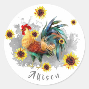 Rooster met zonnebloemen op maat ronde sticker