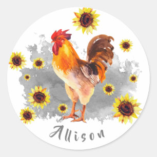 Rooster met zonnebloemen op maat ronde sticker