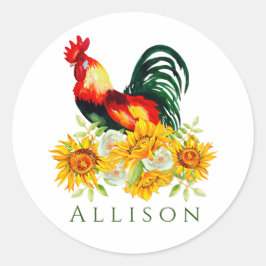 Rooster met zonnebloemen op maat ronde sticker