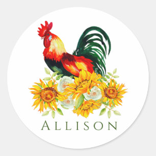 Rooster met zonnebloemen op maat ronde sticker