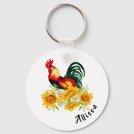 Rooster met zonnebloemen op maat sleutelhanger (Voorkant)