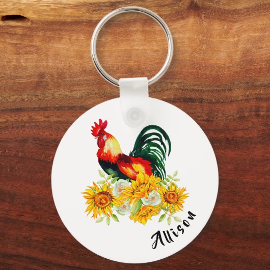 Rooster met zonnebloemen op maat sleutelhanger (Voorkant)