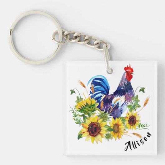 Rooster met zonnebloemen op maat sleutelhanger (voorkant)