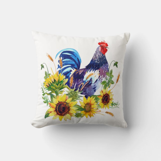 Rooster met zonnebloemolie Waterverf Art Sierkusse Kussen (Voorkant)