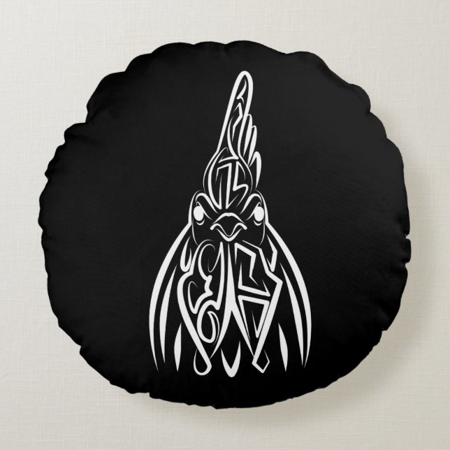 Rooster met zwarte en witte tribale rond kussen (Voorkant)